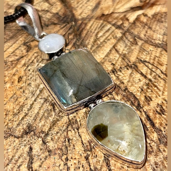 Rainbow Moonstone, Labradorite  & Prehnite Pendant 2 1/4” - Picture 1 of 9